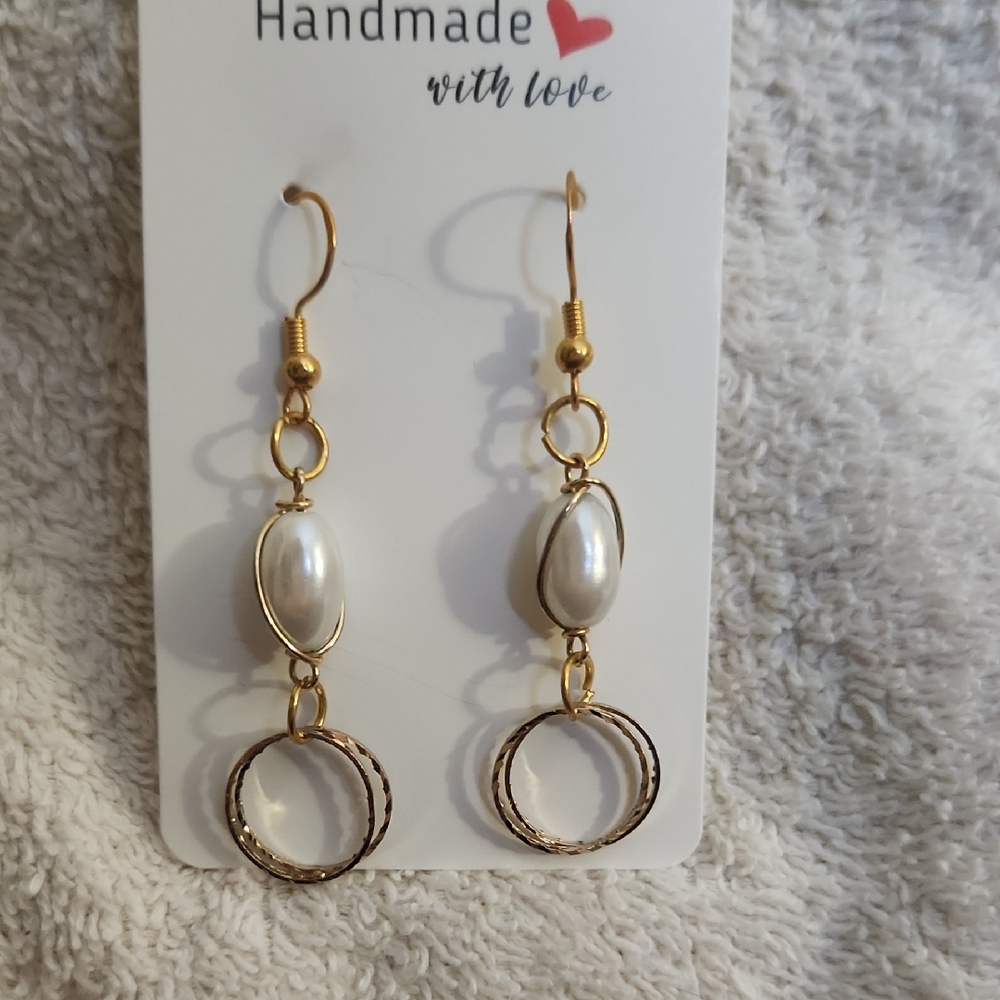 Handmade Gold and White Dangle Earrings